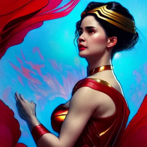 Image similar to kristine hermosa as darna, volumetric lights, red and cyan theme, art nouveau botanicals, intricate, highly detailed, digital painting, artstation, concept art, smooth, sharp focus, cinematic, illustration, beautiful face, art by artgerm and greg rutkowski and alphonse mucha