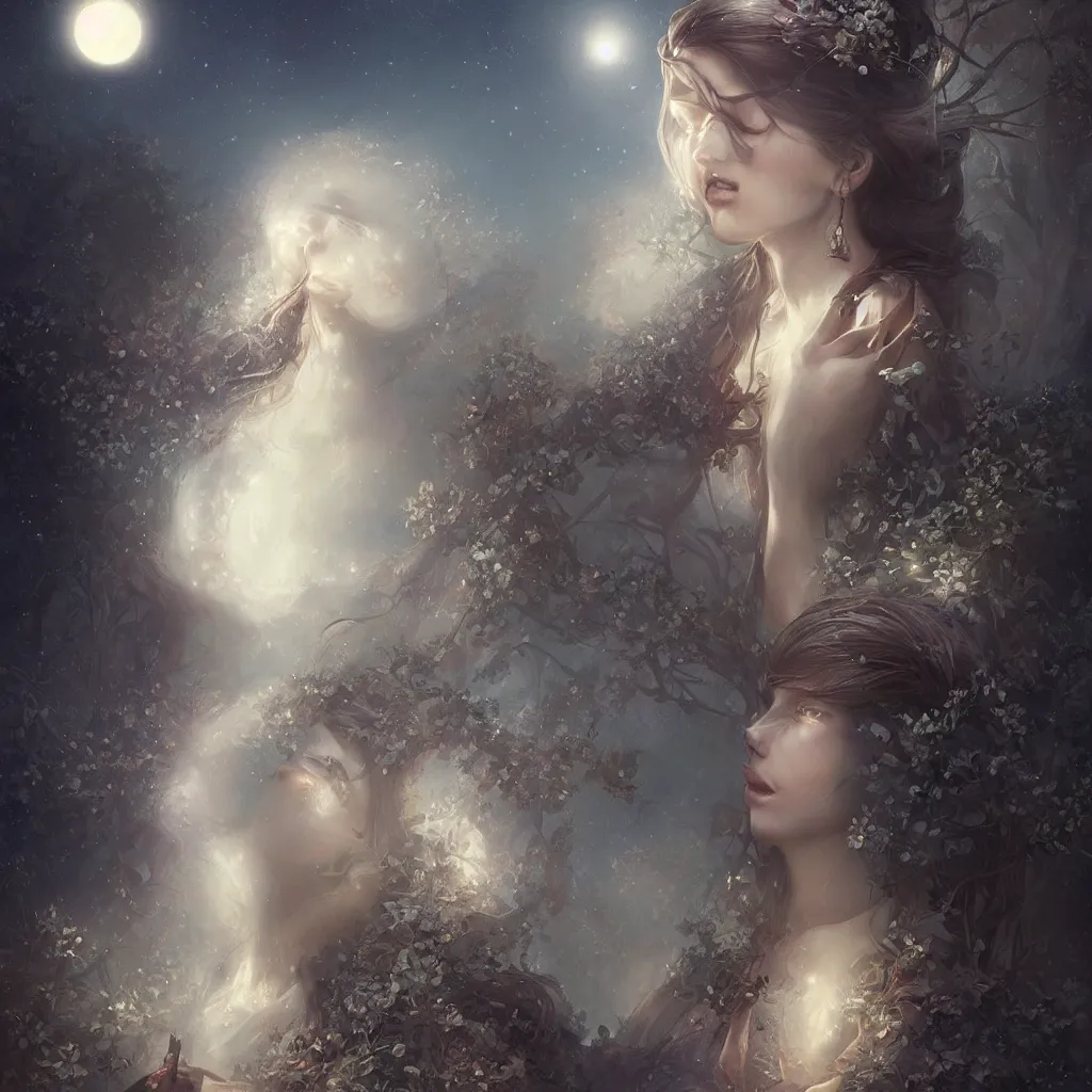 Image similar to a beautiful digital painting of a princess, princess, the moon behind her, intricate, cinematic lighting, highly detailed, digital painting, concept art, smooth, sharp focus, illustration, art by tom bagshaw, artgerm and greg rutkowski