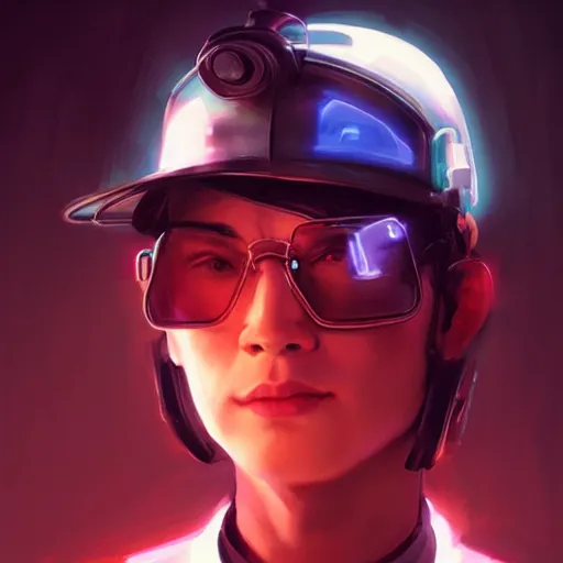 Image similar to portrait Ron Wisly with visor in cyberpunk, harry potter, neon lighting, night city, digital art from artstation by Ruan Jia and Mandy Jurgens and Artgerm and william-adolphe bouguereau and Greg Rutkowski