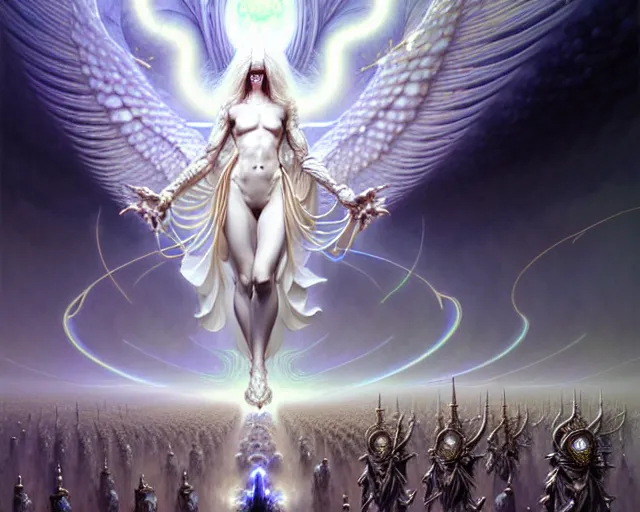 Image similar to the army of white light and angels, fantasy character portrait made of fractals facing each other, ultra realistic, wide angle, intricate details, the fifth element artifacts, highly detailed by peter mohrbacher, hajime sorayama, wayne barlowe, boris vallejo, aaron horkey, gaston bussiere, craig mullins