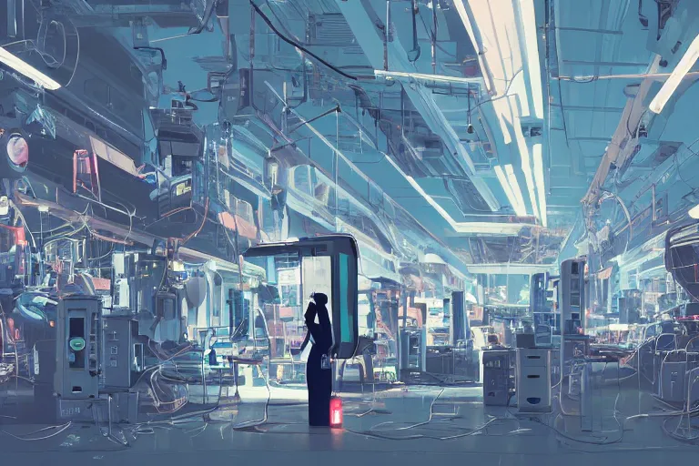 Prompt: closeup of sexy girl working in a vast robot repair shop, a broken android is laying on the ground, computer screens, dark cables hanging from ceiling , sci-fi vending machine, illustration by pascal campion, ghibli style, dynamic lighting, glowing lights, neons, science fiction