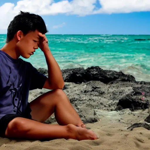 Image similar to hawaiian boy ungrateful for the things he has in his life, stressing out