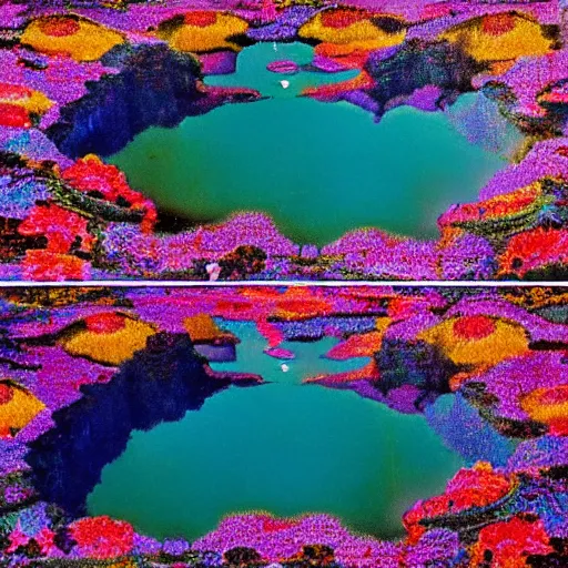 Prompt: a vintage album cover, photograph of a surreal lake surrounded by beautiful psychedelic flowers, symmetrical, ultra-realistic