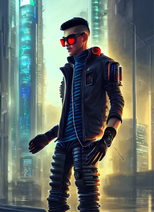 Image similar to photo of cyberpunk male teenager in the style of stefan kostic, realistic, sharp focus, 8 k high definition, insanely detailed, intricate, elegant, art by stanley lau and artgerm