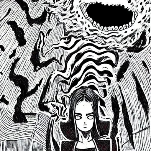 Image similar to Monsters scaring bystanders by Junji Ito.