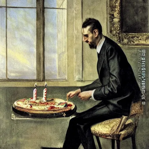 Prompt: man in suit eating a beautiful birthday cake by el greco, remedios vary, salvador dali, carl gustav carus, john atkinson grimshaw. high detail, great lighting, 8 k resolution, masterpiece, concept art, illustration