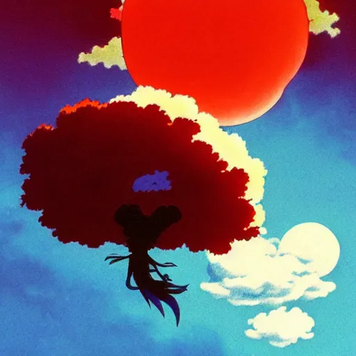 Image similar to studio ghibli art of a bird flying through a surreal sky, cotton clouds, river of wine, weird creatures, talking trees, at night, studio ghibli style