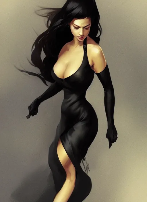 Image similar to gorgeous michi wearing a black tight dress, nice body figure, digital painting, artstation, concept art, sharp focus, illustration, art by artgerm and greg rutkowski and alphonse mucha