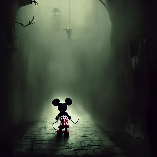 Prompt: Mickey Mouse in creepy Backrooms, best on artstation, cgsociety, ,epic, stunning, gorgeous, masterpiece photograph, dark and foreboding mood, creepy, scary, dangerous