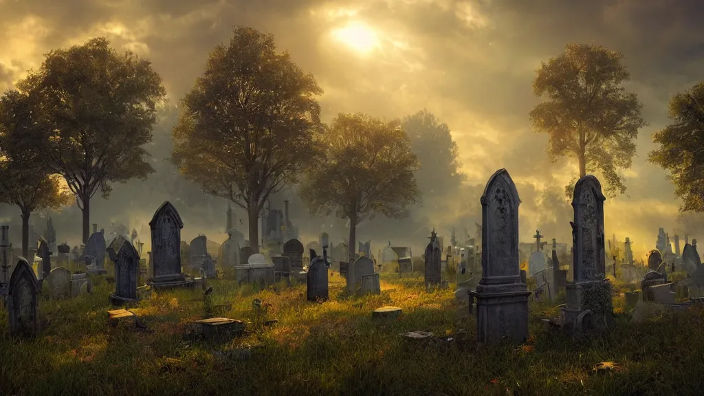 Prompt: a photorealistic hyperrealistic render of a beautifully decorated gothic graveyard by greg rutkowski, wlop, artgerm, dramatic moody sunset lighting, long shadows, volumetric, cinematic atmosphere, octane render, artstation, 8 k