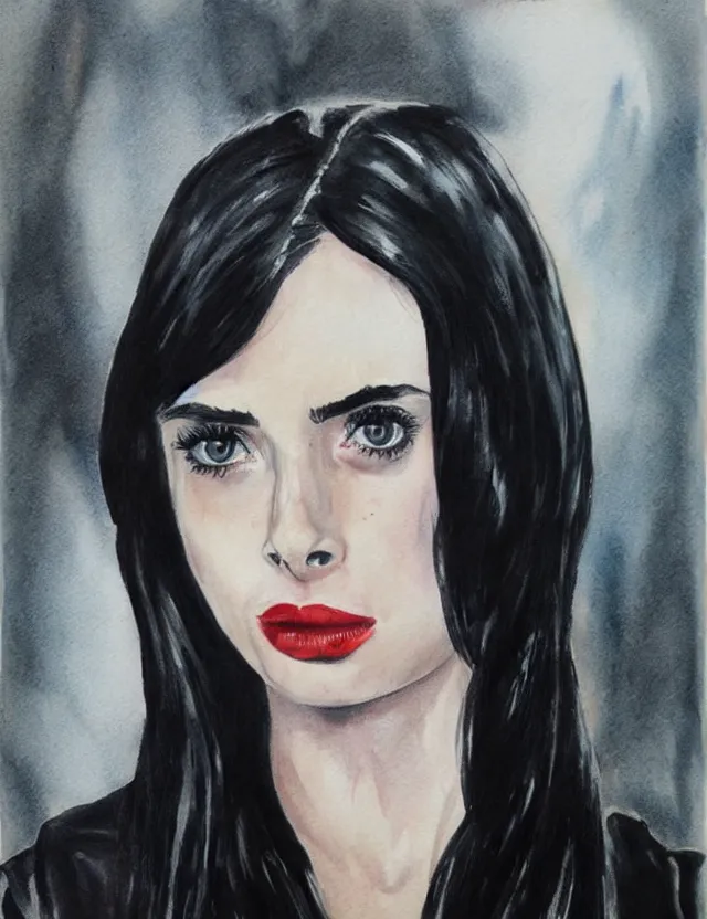 Prompt: portrait of a young krysten ritter as the black widow from marvel, beautiful eyes, aquarelle, realistic painting, freckles, 1 / 4 headshot