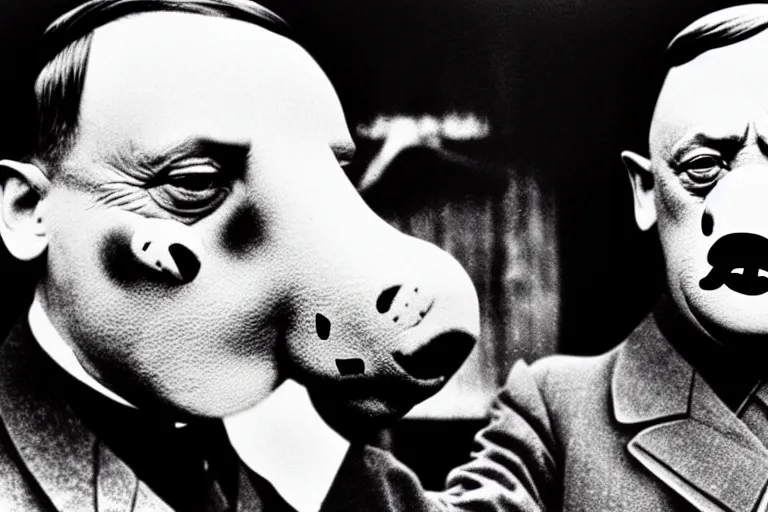 Prompt: hitler with pig's nose on face historical photo in color