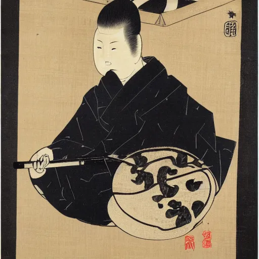 Image similar to portrait of young man wearing black medical mask, style of katsushika oi