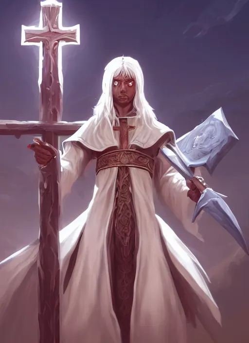 Prompt: a highly detailed illustration of sadistic white haired tanned african priest wearing white robe, wielding bloody cross sword, gothic church background, intricate, elegant, highly detailed, centered, digital painting, artstation, concept art, smooth, sharp focus, league of legends concept art, wlop