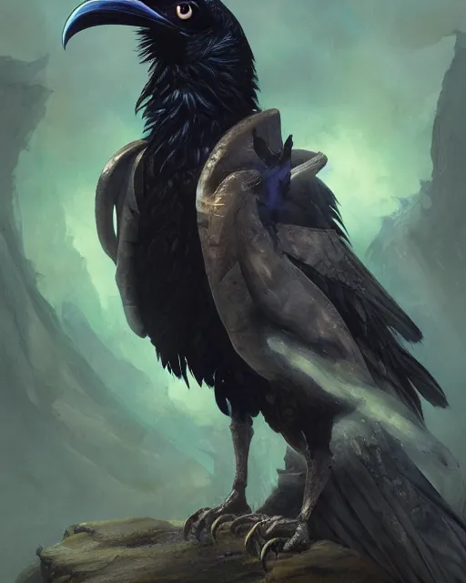 Image similar to oil painting of a Anthropomorphized raven shaman fusing with dragon, sharp focus, heroic pose, fantasy style, octane render, volumetric lighting, 8k high definition, by greg rutkowski, highly detailed, trending on art Station, magic the gathering artwork, Woodland background, centered