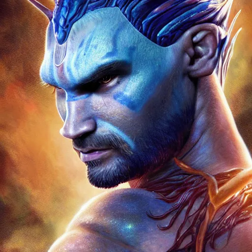 Prompt: An epic fantasy comic book style portrait painting of a very beautiful Jason Momoa as Na'vi Jake Sully in Avatar (2009) character design by Mark Ryden and Pixar and Hayao Miyazaki, unreal 5, DAZ, hyperrealistic, octane render, cosplay, RPG portrait, dynamic lighting, intricate detail, summer vibrancy, cinematic