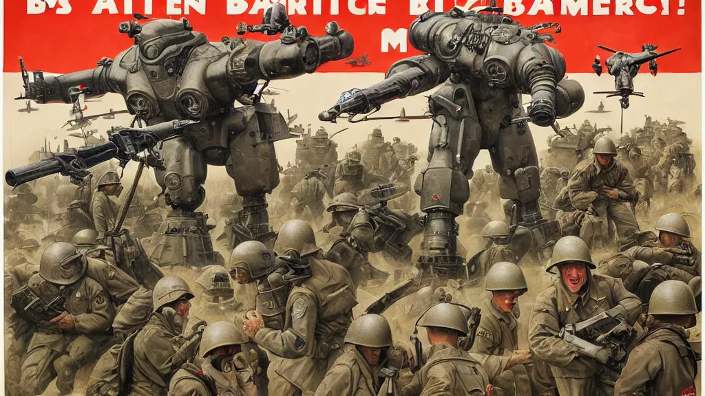 Image similar to American battle mechs of WWII in the style of Norman Rockwell, sci-fi illustrations, propaganda poster, highly detailed, intricate, photorealistic, award-winning, patriotic, american, dark, gritty, oil painting