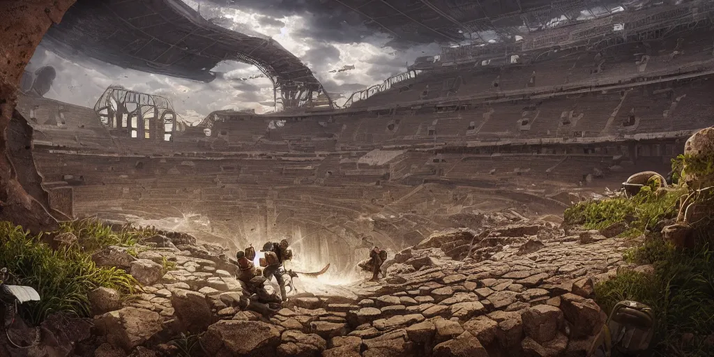 Image similar to coliseum mining tailing of chuquicamata, bioremediation, smooth, rossdraws, norman rockwell, emiliano ponzi, epic composition, hd, octane, unreal engine, volumetric lighting, light rays, masterpiece, award - winning