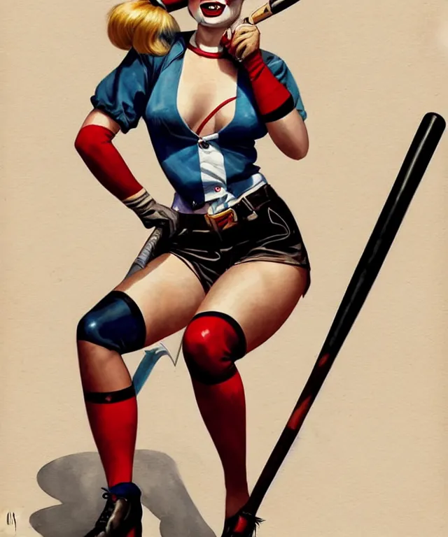 Image similar to 1940's pin-up Margot Robbie as Harley Quinn, fully dressed, with baseball bat, highly detailed, digital painting, artstation, concept art, smooth, sharp focus, illustration, art by artgerm and greg rutkowski and alphonse mucha