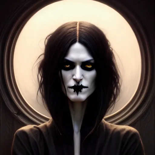 Image similar to portrait painting of an androgynous goth witch with shoulder length flowing black hair pale skin and beautiful dark brown eyes, ultra realistic, concept art, intricate details, eerie, highly detailed, photorealistic, octane render, 8 k, unreal engine. art by artgerm and greg rutkowski and magali villeneuve