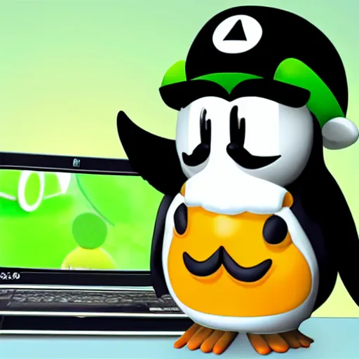 Image similar to tux penguin wearing the luigi hat in front of a computer with linux running on the screen, cute digital art, 4 k