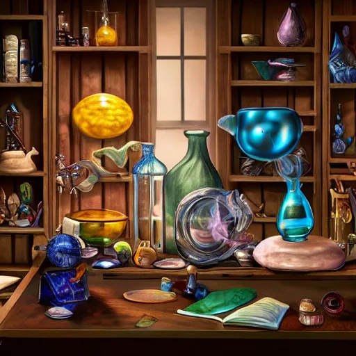 Image similar to hyper real, table, wizards laboratory, lisa parker, tony sart, mortar, pestle, scales, energy flowing, magic book, beakers of colored liquid