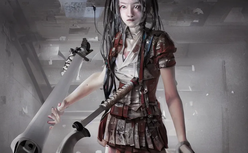 Image similar to School girl holding a katana and standing on an abandoned hospital room,horror sccene, hyperrealistic mixed media, stunning 3d render inspired art by P. Craig Russell and Barry Windsor-Smith + perfect facial symmetry + dim volumetric lighting, 8k octane beautifully detailed render, post-processing, extremely hyperdetailed, intricate futuristic mechanic parts, epic composition, grim yet sparkling atmosphere, cinematic lighting + masterpiece, trending on artstation