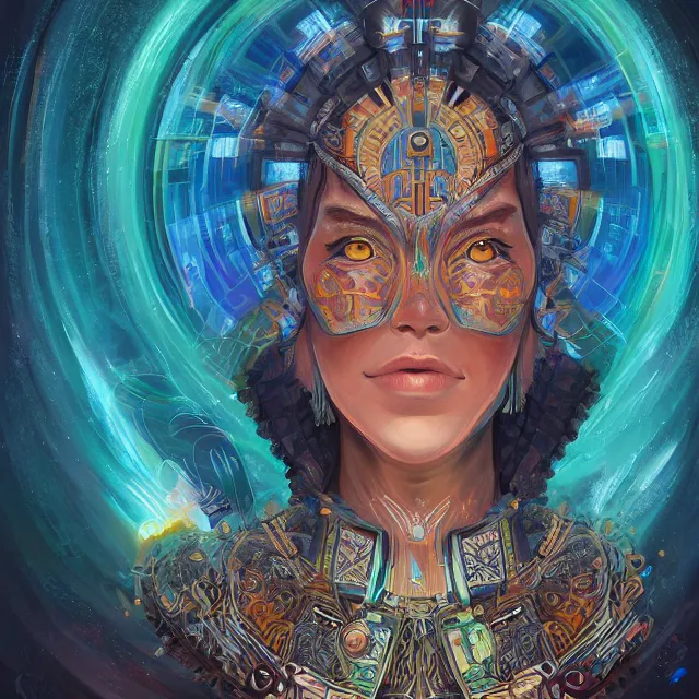 Image similar to one centered portrait of a future metaverse ayahuasca tech shaman warrior, 2 d cartoon, visionary art, symmetric, magick symbols, holy halo, shipibo patterns, sci - fi, concept art, trending on art station, 8 k digital art, by mandy jurgens, fantasy portrait art, anime