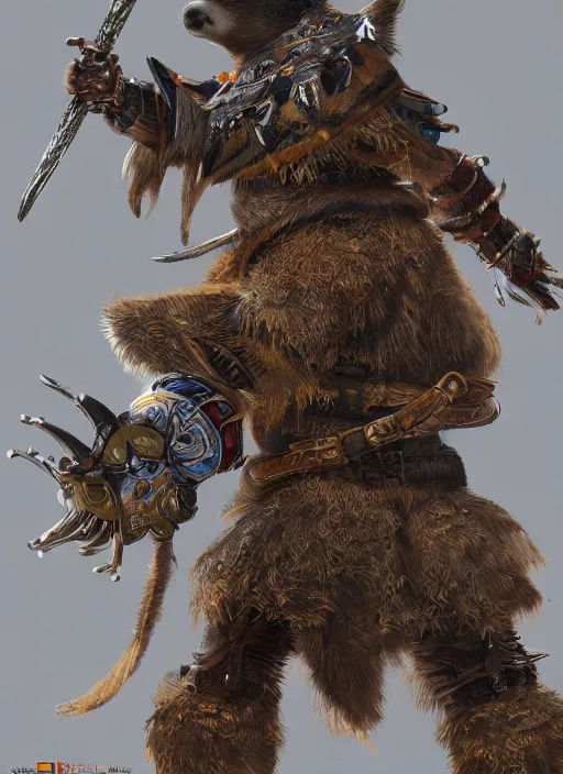 Prompt: detailed concept art illustration painting of an anthropomorphic capybara warrior in full intricate armor, Biomutant, ultra detailed, digital art, octane render, 4K