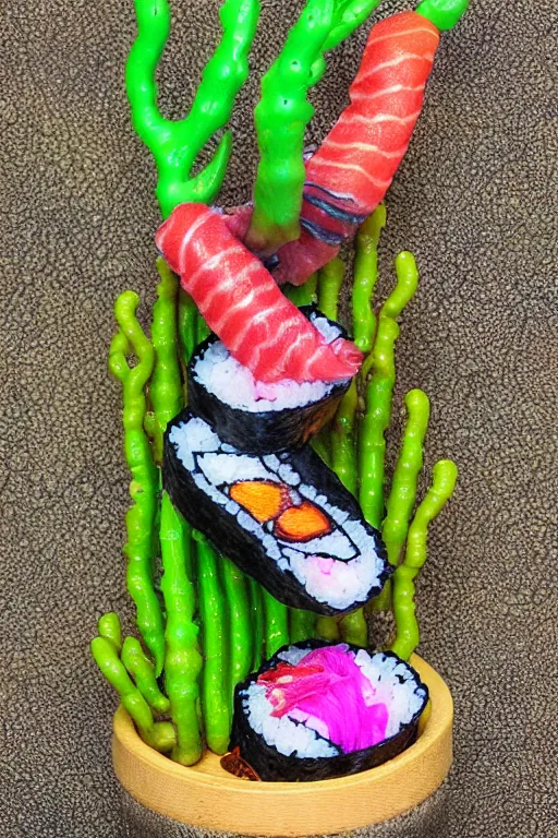 Image similar to creature sushi roots cactus elemental flush of force nature micro world fluo light deepdream