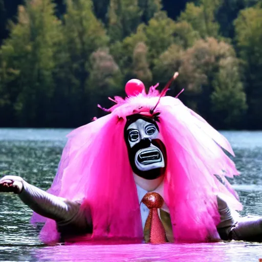 Prompt: ( putin as old gregg ) wearing a pink tutu, on a boat on a lake