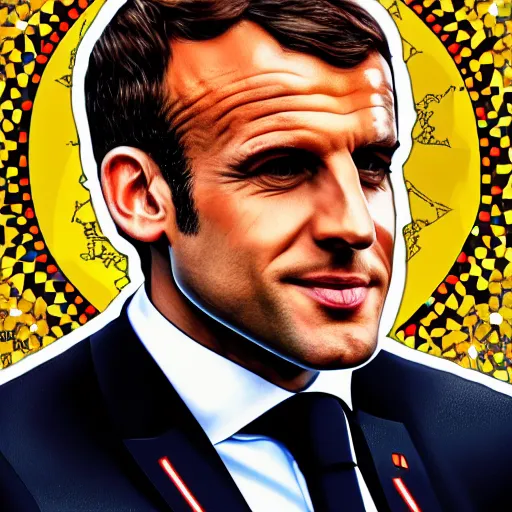 Image similar to portrait mosaic of Emmanuel macron with animal ears, 4k, intricate details, digital, sun in the background