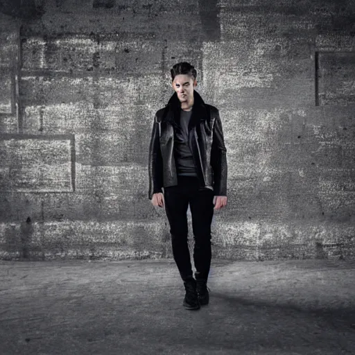 Prompt: a blurred young man in black leather, in a bleak industrial brutalist landscape