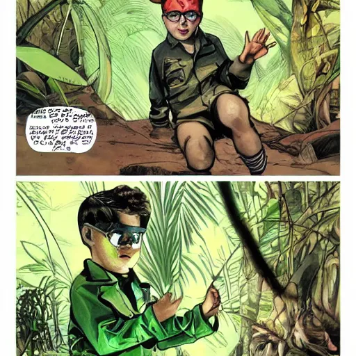 Image similar to Sergio Bleda and Jérémy Petiqueux and Alex Maleev artwork of a boy super scientist in a retro jungle explorer costume