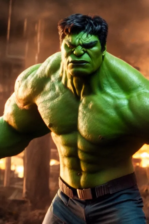 Image similar to 4 k film still, scarlett johansson as hulk, 2 6 mm