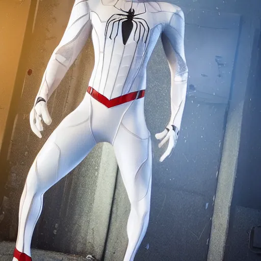 Image similar to white spider - man suit with black web lining, cinematic, volumetric lighting, realistic, hyperdetailed, photorealistic, photograph