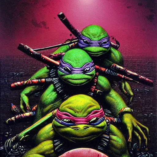 Prompt: ninja turtles by beksinski and tristan eaton, dark neon trimmed beautiful dystopian digital art