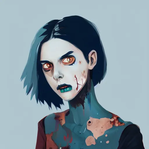 Image similar to Highly detailed portrait of a punk zombie young lady by Atey Ghailan, by Loish, by Bryan Lee O'Malley, by Cliff Chiang, ((dark blue moody background))