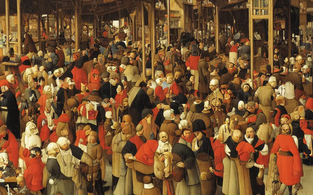 Prompt: a detail from crowded marketplace by pieter breugel the elder