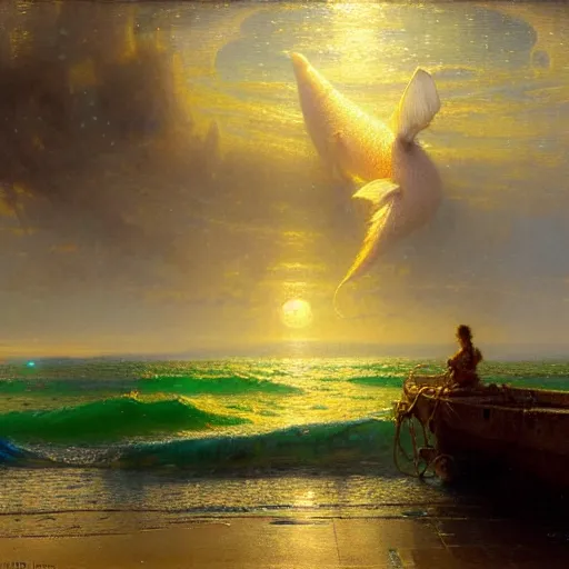 Image similar to point of view of botom of the ocean looking up, see fishes, the milk way, night time, midnight, no sunlight. highly detailed painting by gaston bussiere, greg rutkowski 8 k