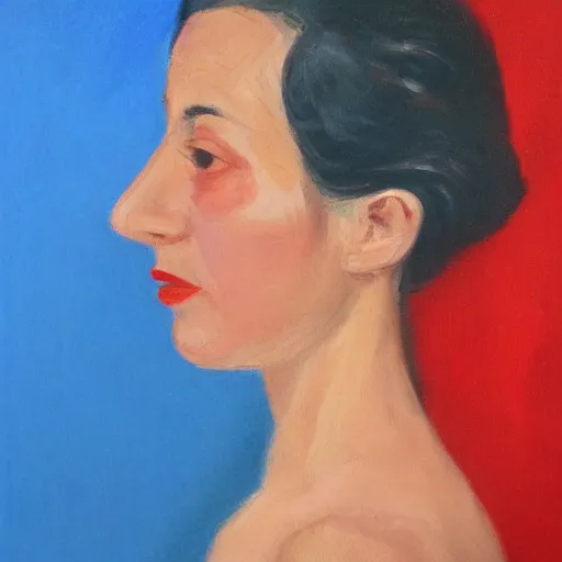 Prompt: profile portrait in peruvian realist style of woman ( 1 9 5 4 ), old!!!, cerulean blue, cadmium red, zinc white, overhead lighting, detailed, expressive, shadows