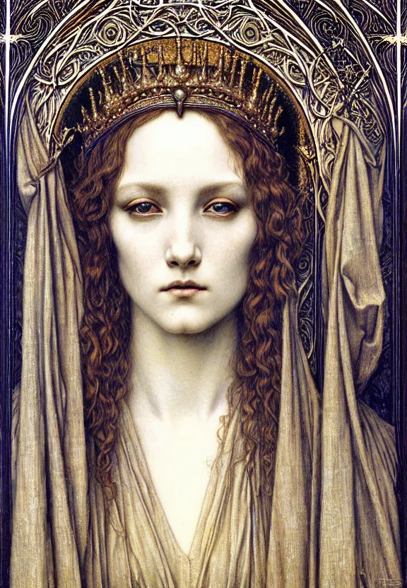 Image similar to detailed realistic beautiful young medieval queen face portrait by jean delville, gustave dore and marco mazzoni, art nouveau, symbolist, visionary, gothic, pre - raphaelite. horizontal symmetry