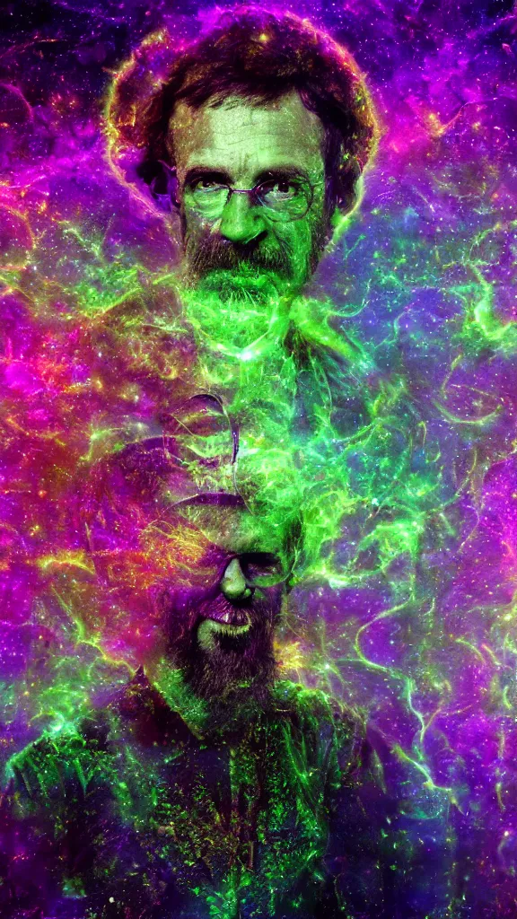 Image similar to terrance mckenna protrait in a nebula with fractals and mushrooms, vivid psychadelic colorful purple, 8 k, high deatil, artstationhd, smoke mirrors