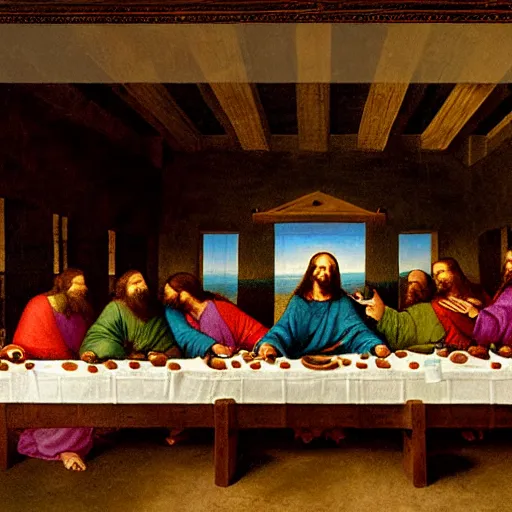 Image similar to painting of cate blanchett as Jesus in the last supper by Leonardo davinci