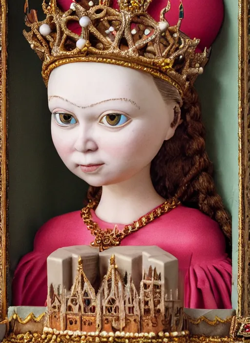 Image similar to closeup medieval jan van eyck face portrait of tin toy greta thunberg as a fairytale princess wearing a crown eating cakes in the castle, bikini, detailed and intricate environment, nicoletta ceccoli, mark ryden, lostfish, hyperrealistic, octane render