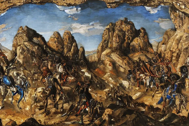 Image similar to a beautiful painting of a rocky landscape covered with bodies of medieval soldiers in shiny armors, dawn, by Georgia o keeffe, by Gustave Moreau