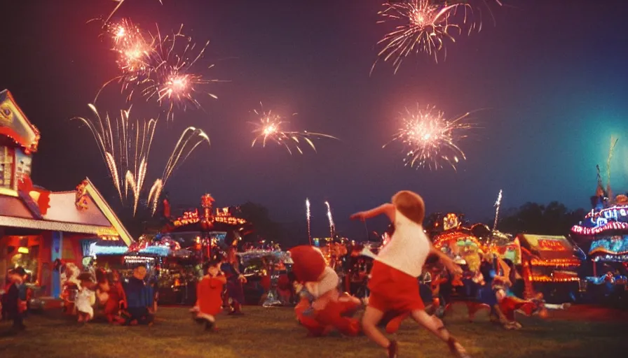 Prompt: 1990s candid 35mm photo of a beautiful day in the living room, cinematic lighting, cinematic look, golden hour, a miniature amusement park in the living room is setting off fireworks, kids dance and point at the fire works, small mascots run around the room, UHD