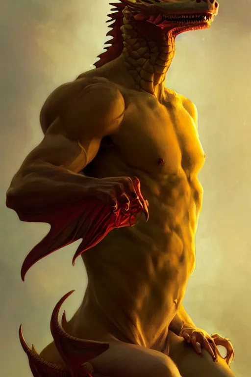 Prompt: full figure beautiful young fit antrophomorphic male dragon, frontal view, no wings, luminous scene, by greg rutkowski and alphonse mucha, d & d character, gradient yellow to red, in hell, highly detailed portrait, digital painting, artstation, concept art, smooth, sharp focus illustration, artstation hq