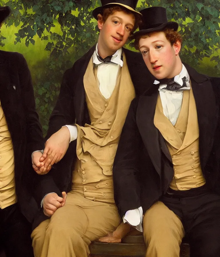 Prompt: Beautiful!! portrait of Mark Zuckerberg as an Edwardian dandy holding hands with Mark Zuckerberg wearing a Velvet suit and a Top Hat on a park Bench at sunset painted by Alphonse Mucha and arnold böcklin and Maxfield Parrish, hyperrealistic oil painting trending on artstation 8k