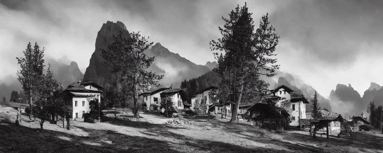 Prompt: 1920s black and white photography of an isolated old village with ghostly wood buildings in the dolomites, big tyrolean solstice fire